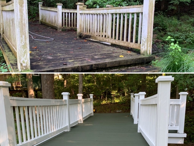 Pressure washing handrails, floor and posts, exterior painting and staining in Fairfax, Virginia