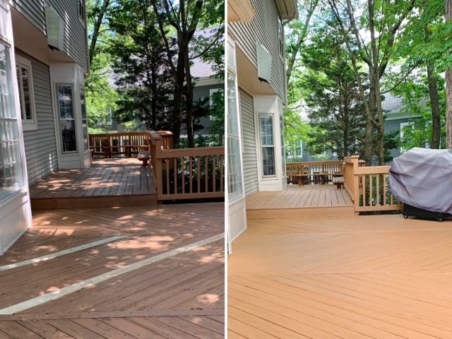 Pressure washing, wood replacement and staining using a solid stain